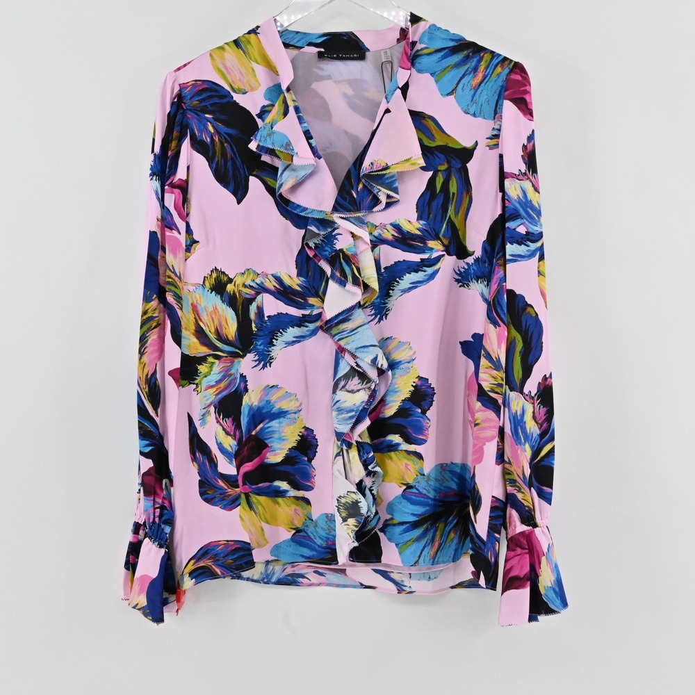 Elie Tahari Minnie Ruffle Blouse Womens Size M Pink Floral Daphnes Garden Silk